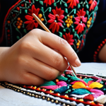 ** Palestinian woman intricately embroidering a traditional "tatreez" pattern with vibrant colors. Close-up, focus on the detail and symbolism in the stitches. Background: warm, inviting workshop setting in Florence, Italy.

**