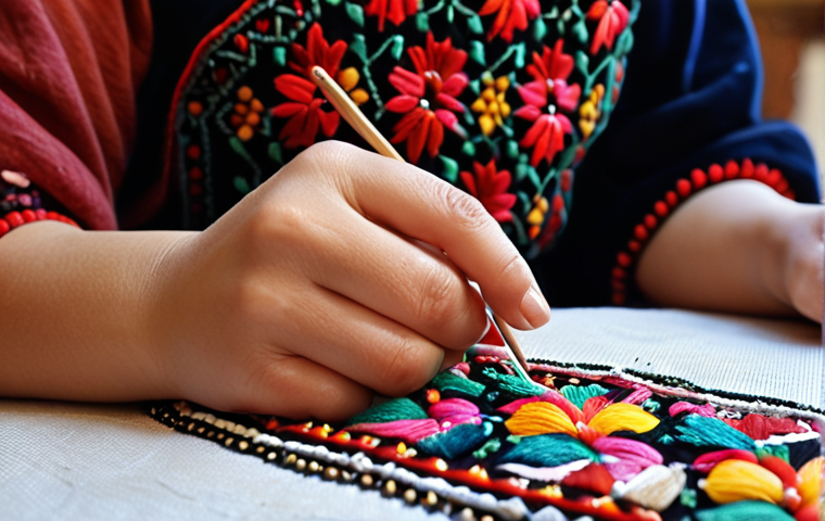 ** Palestinian woman intricately embroidering a traditional "tatreez" pattern with vibrant colors. Close-up, focus on the detail and symbolism in the stitches. Background: warm, inviting workshop setting in Florence, Italy.
**