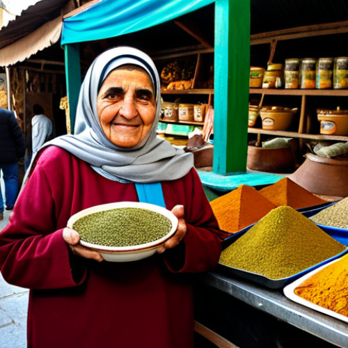 A serene elderly Palestinian woman, fully clothed in a modest, traditional thobe, stands behind a vibrant stall in an authentic outdoor Ramallah spice market. She is gently holding a small, rustic wooden bowl filled with green za'atar, her well-formed hands in a natural pose, with a wise expression as she inhales its aroma. The stall is laden with colorful mounds of various spices: rich red sumac, golden turmeric, and earthy cumin. The scene is illuminated by soft, natural daylight, creating a warm, inviting atmosphere. Professional photography, perfect anatomy, correct proportions, natural body proportions, appropriate attire, safe for work, appropriate content, family-friendly.