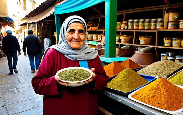 A serene elderly Palestinian woman, fully clothed in a modest, traditional thobe, stands behind a vibrant stall in an authentic outdoor Ramallah spice market. She is gently holding a small, rustic wooden bowl filled with green za'atar, her well-formed hands in a natural pose, with a wise expression as she inhales its aroma. The stall is laden with colorful mounds of various spices: rich red sumac, golden turmeric, and earthy cumin. The scene is illuminated by soft, natural daylight, creating a warm, inviting atmosphere. Professional photography, perfect anatomy, correct proportions, natural body proportions, appropriate attire, safe for work, appropriate content, family-friendly.