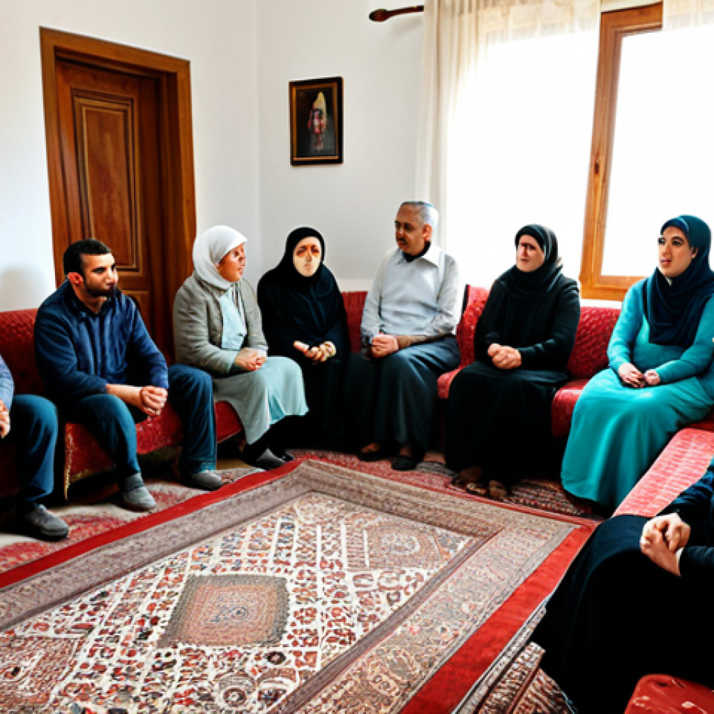 A dignified gathering of adults in a traditional Palestinian home, showcasing community support during a time of remembrance. Individuals are fully clothed in modest, respectful attire. Some are seated, others standing, sharing quiet moments of comfort and solidarity. The setting is a warm, inviting living room with subtle, culturally appropriate decor, illuminated by soft, natural light. Professional photography, high detail, realistic, perfect anatomy, natural pose, correct proportions, well-formed hands, proper finger count, safe for work, appropriate content, family-friendly.