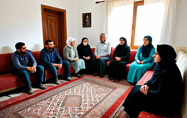 A dignified gathering of adults in a traditional Palestinian home, showcasing community support during a time of remembrance. Individuals are fully clothed in modest, respectful attire. Some are seated, others standing, sharing quiet moments of comfort and solidarity. The setting is a warm, inviting living room with subtle, culturally appropriate decor, illuminated by soft, natural light. Professional photography, high detail, realistic, perfect anatomy, natural pose, correct proportions, well-formed hands, proper finger count, safe for work, appropriate content, family-friendly.