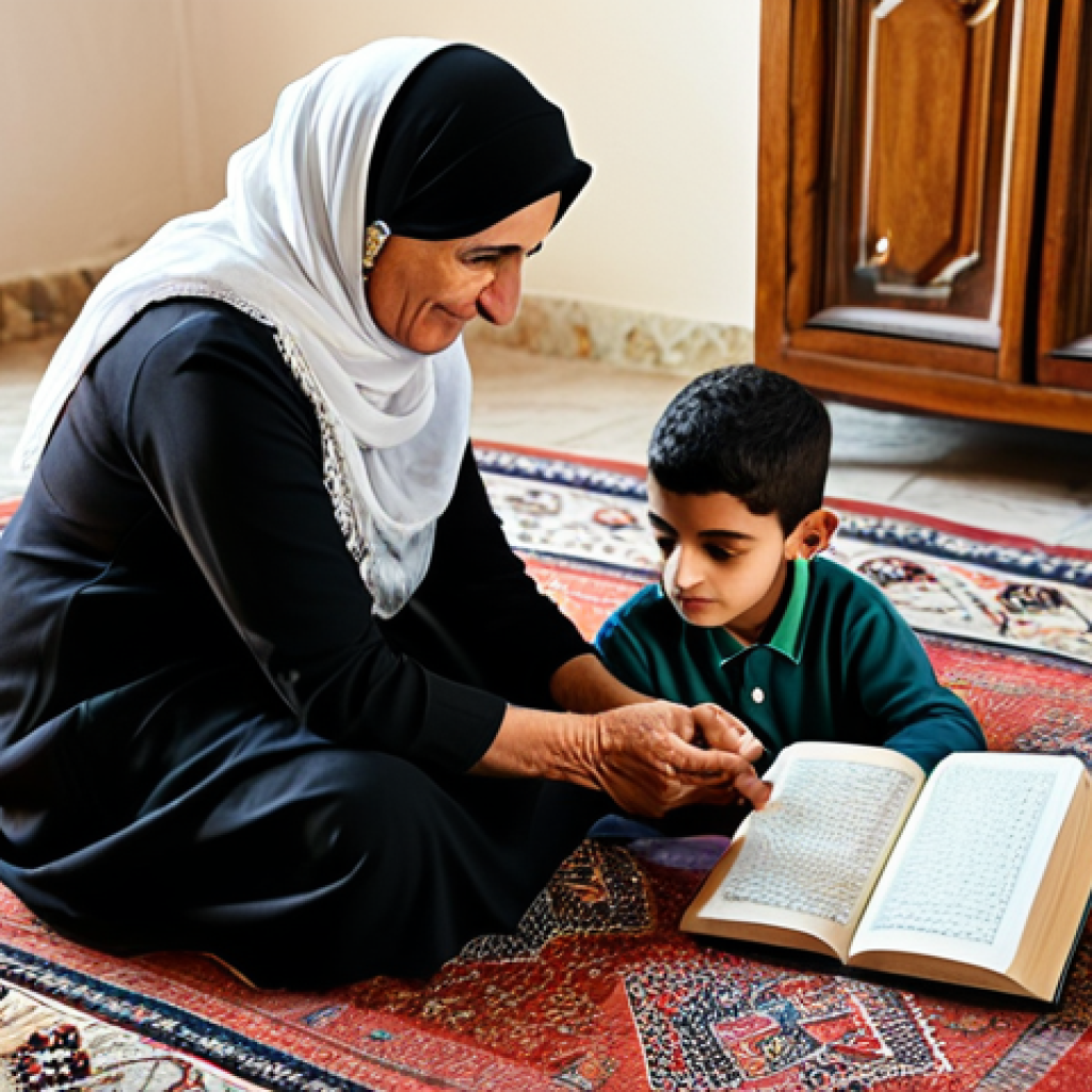An elder Palestinian woman with a gentle expression, wearing traditional, modest clothing, is patiently teaching a young child to read Arabic script. They are seated comfortably on a patterned rug in a sunlit, cozy living room adorned with cultural artifacts. The child is focused and engaged, also in modest, appropriate attire. The scene emphasizes intergenerational connection and cultural transmission, perfect anatomy, correct proportions, natural pose, well-formed hands, proper finger count, natural body proportions, professional photography, high quality, safe for work, appropriate content, fully clothed, family-friendly.