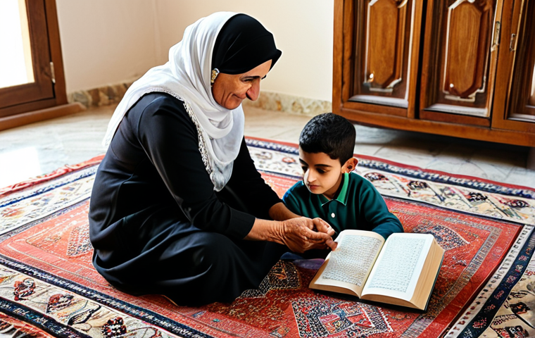 An elder Palestinian woman with a gentle expression, wearing traditional, modest clothing, is patiently teaching a young child to read Arabic script. They are seated comfortably on a patterned rug in a sunlit, cozy living room adorned with cultural artifacts. The child is focused and engaged, also in modest, appropriate attire. The scene emphasizes intergenerational connection and cultural transmission, perfect anatomy, correct proportions, natural pose, well-formed hands, proper finger count, natural body proportions, professional photography, high quality, safe for work, appropriate content, fully clothed, family-friendly.