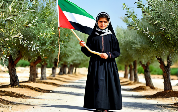 **
A young Palestinian girl, fully clothed in traditional modest Palestinian dress, holding a Palestinian flag in a peaceful demonstration, surrounded by olive trees in the background. Safe for work, appropriate content, family-friendly, perfect anatomy, natural proportions, vibrant colors.
**