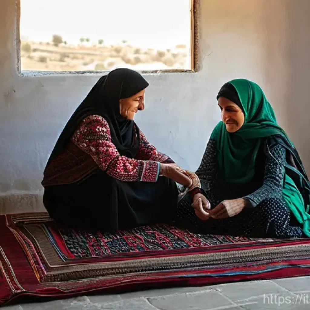 팔레스타인 전통 직물 - **Prompt:** A serene, sun-drenched scene depicting three generations of Palestinian women in a tradi...