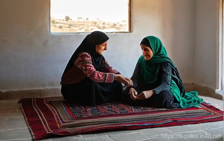 팔레스타인 전통 직물 - **Prompt:** A serene, sun-drenched scene depicting three generations of Palestinian women in a tradi...