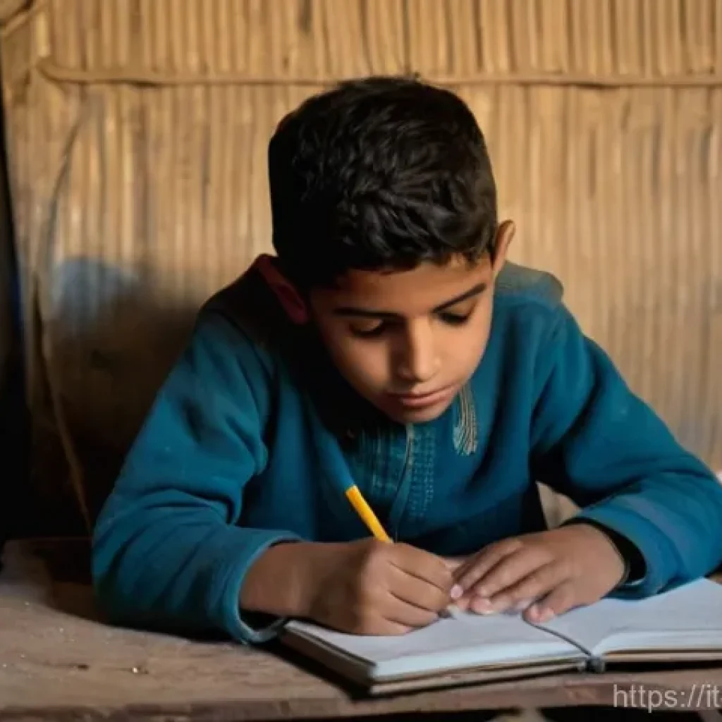팔레스타인에서의 이주민 사회 - **Prompt: A young Palestinian child, approximately 8-10 years old, diligently studying late at night...