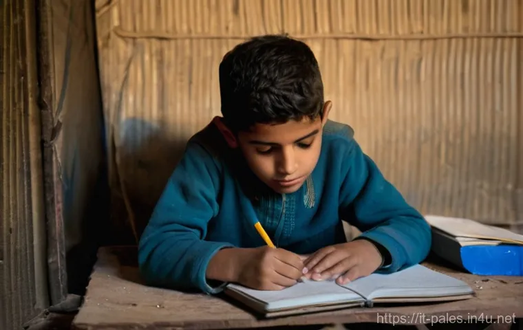 팔레스타인에서의 이주민 사회 - **Prompt: A young Palestinian child, approximately 8-10 years old, diligently studying late at night...