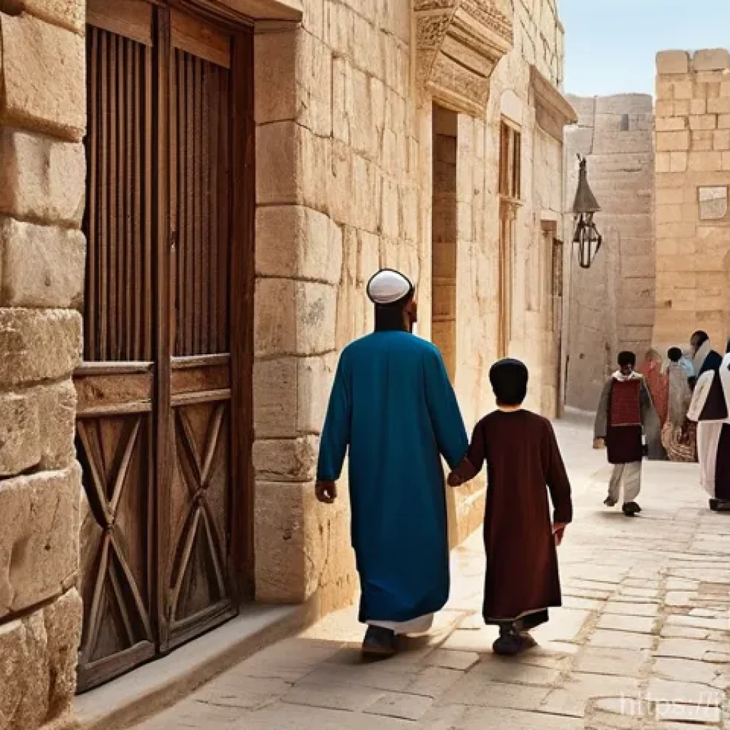 팔레스타인에서의 이슬람교와 기독교 공존 - **Prompt:** A vibrant street scene in an ancient Palestinian city, resembling Bethlehem, with childr...
