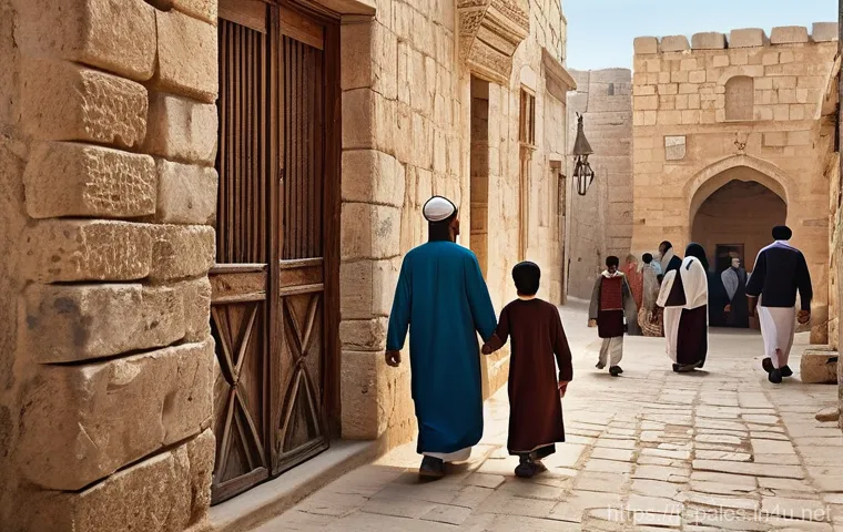 팔레스타인에서의 이슬람교와 기독교 공존 - **Prompt:** A vibrant street scene in an ancient Palestinian city, resembling Bethlehem, with childr...