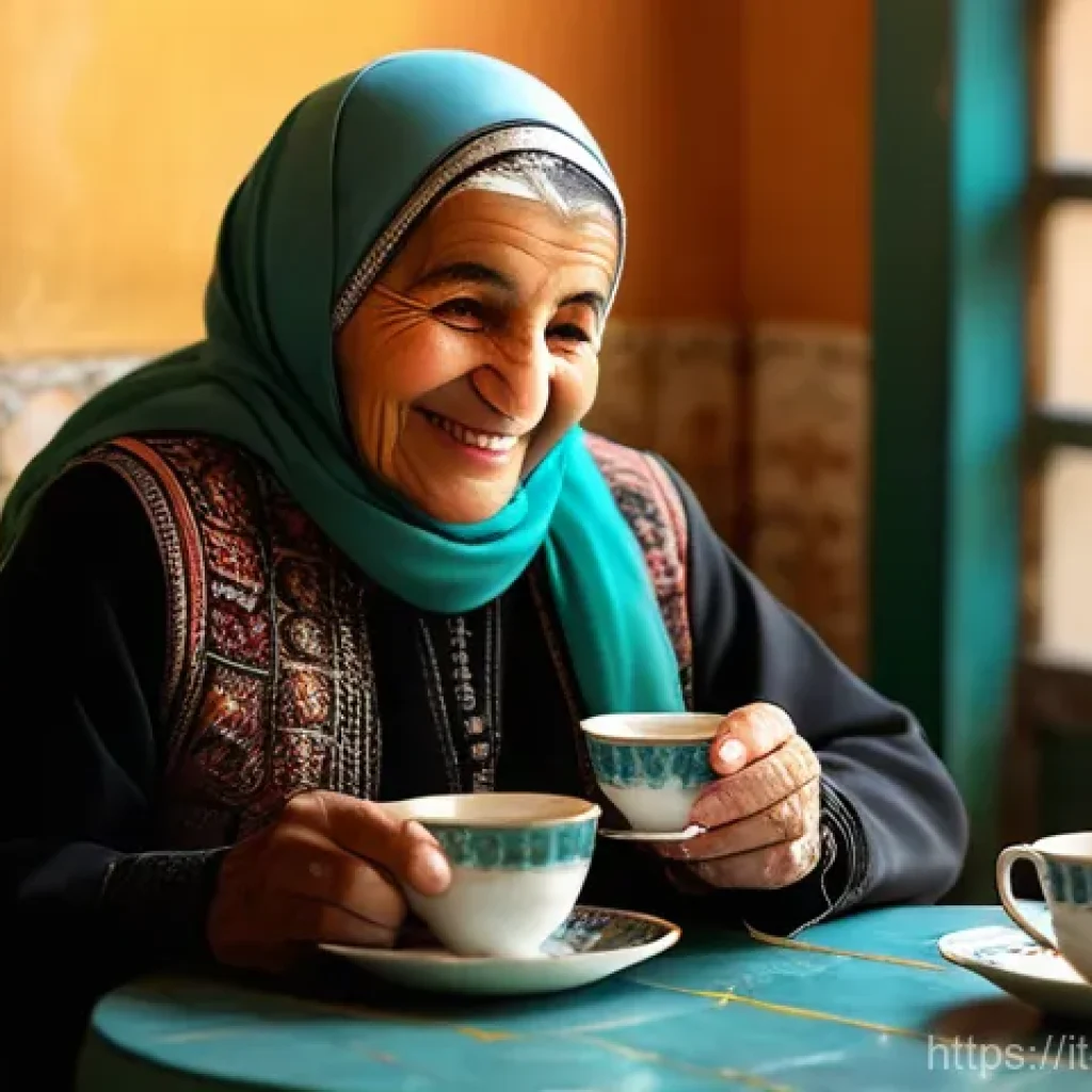 팔레스타인 전통 차와 허브티 - A heartwarming scene of Palestinian hospitality, set in a sunlit traditional home or a cozy cafe. An...