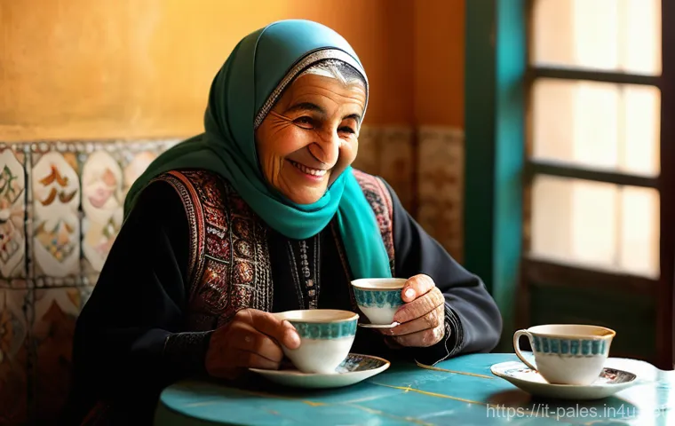 팔레스타인 전통 차와 허브티 - A heartwarming scene of Palestinian hospitality, set in a sunlit traditional home or a cozy cafe. An...