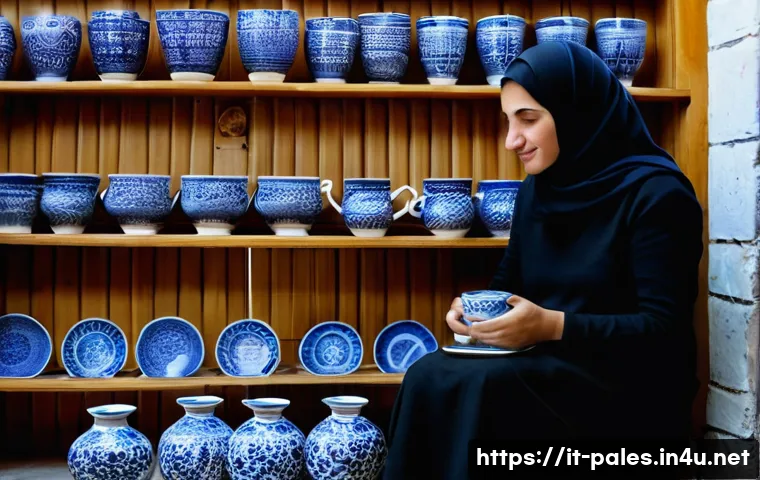 팔레스타인 관광 시 주의사항 - **Prompt:** A warm and inviting scene inside a traditional Palestinian pottery shop in Hebron. An It...