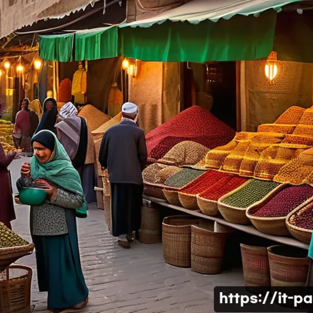 팔레스타인에서의 시장과 협상 문화 - A vibrant and bustling Palestinian souk at golden hour. The scene is a kaleidoscope of activity with...
