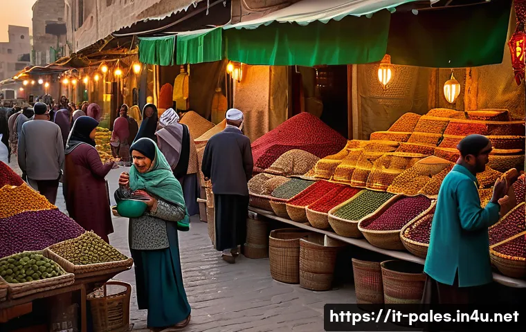 팔레스타인에서의 시장과 협상 문화 - A vibrant and bustling Palestinian souk at golden hour. The scene is a kaleidoscope of activity with...
