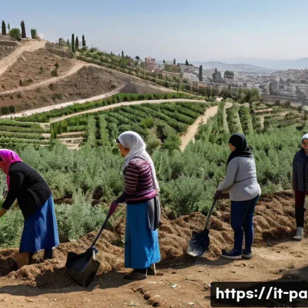 팔레스타인의 자연 환경 보호 활동 - A vibrant scene depicting a diverse group of Palestinian community members, including adults, childr...