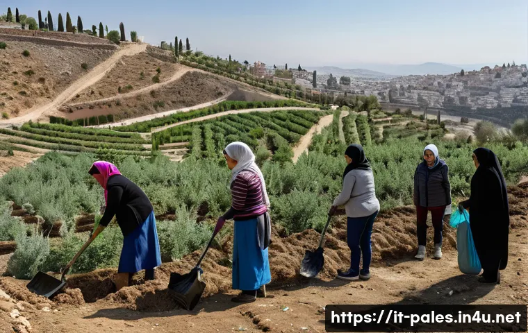 팔레스타인의 자연 환경 보호 활동 - A vibrant scene depicting a diverse group of Palestinian community members, including adults, childr...