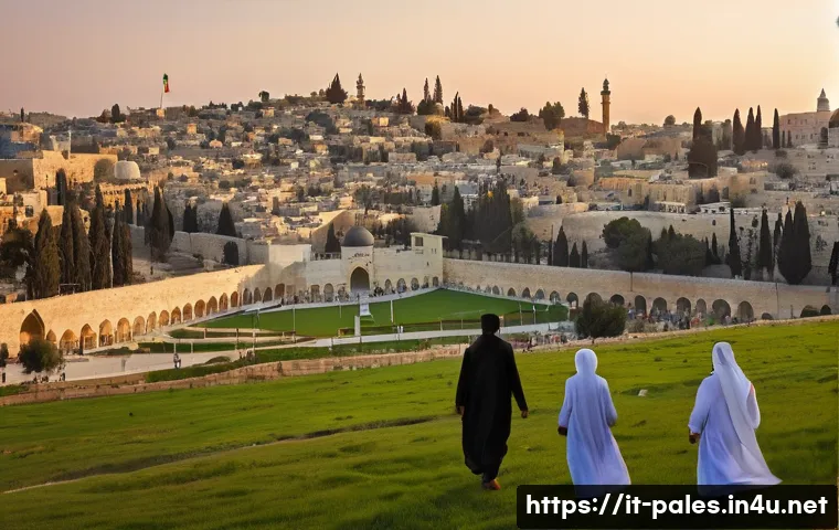 팔레스타인의 주요 종교 - **Prompt:** "A vibrant, panoramic view of Jerusalem at sunrise. In the foreground, a diverse group o...