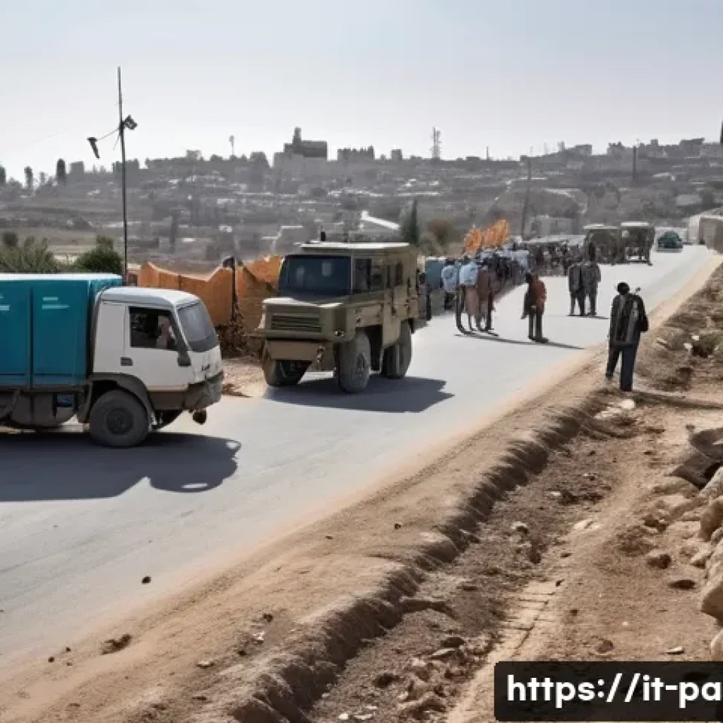팔레스타인과 국제 원조 - A detailed scene of humanitarian aid distribution in a Palestinian region, showing a diverse group o...