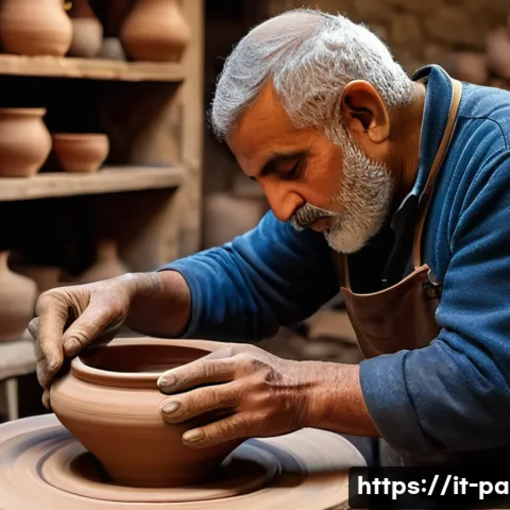 팔레스타인 전통 도예 - A skilled Palestinian artisan shaping a traditional clay vase on a manual potter’s wheel inside a ru...