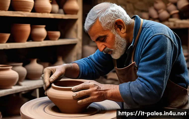 팔레스타인 전통 도예 - A skilled Palestinian artisan shaping a traditional clay vase on a manual potter’s wheel inside a ru...