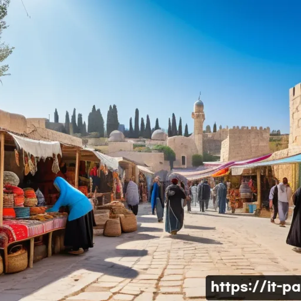 팔레스타인 경제 구조 - A bustling Palestinian marketplace scene during the day, featuring diverse microentrepreneurs—men an...