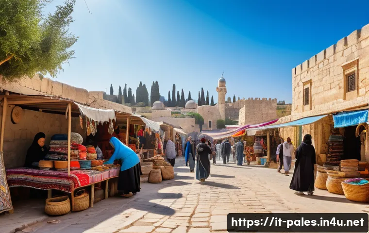 팔레스타인 경제 구조 - A bustling Palestinian marketplace scene during the day, featuring diverse microentrepreneurs—men an...
