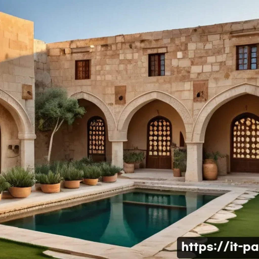 팔레스타인의 전통 가옥 - A traditional Palestinian stone house exterior during golden hour, featuring thick limestone walls a...