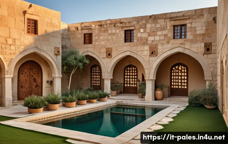 팔레스타인의 전통 가옥 - A traditional Palestinian stone house exterior during golden hour, featuring thick limestone walls a...