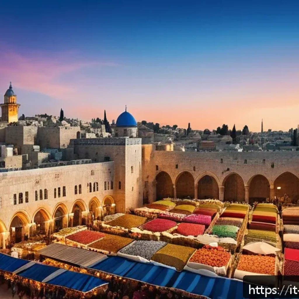 팔레스타인의 유네스코 세계유산 - A panoramic view of Jerusalem’s Old City at golden hour, showcasing ancient stone walls built by Her...