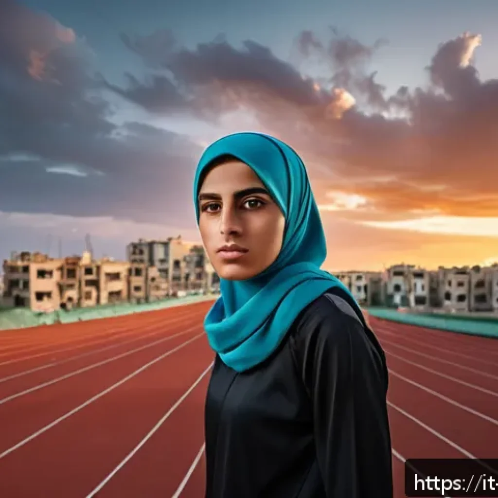 팔레스타인과 올림픽 - A determined young Palestinian athlete wearing sportswear and a hijab, training on a makeshift outdo...
