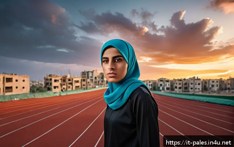 팔레스타인과 올림픽 - A determined young Palestinian athlete wearing sportswear and a hijab, training on a makeshift outdo...