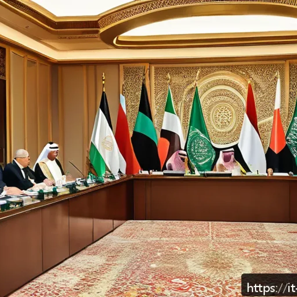 팔레스타인과 아랍연맹의 관계 - A detailed diplomatic meeting scene in a Middle Eastern conference room, featuring diverse Arab Leag...