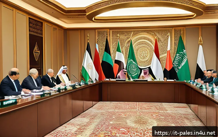 팔레스타인과 아랍연맹의 관계 - A detailed diplomatic meeting scene in a Middle Eastern conference room, featuring diverse Arab Leag...