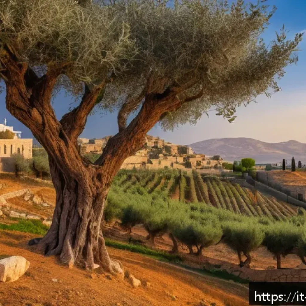 팔레스타인 문학의 흐름 - A serene Palestinian landscape at golden hour, featuring ancient olive trees on rolling hills with d...