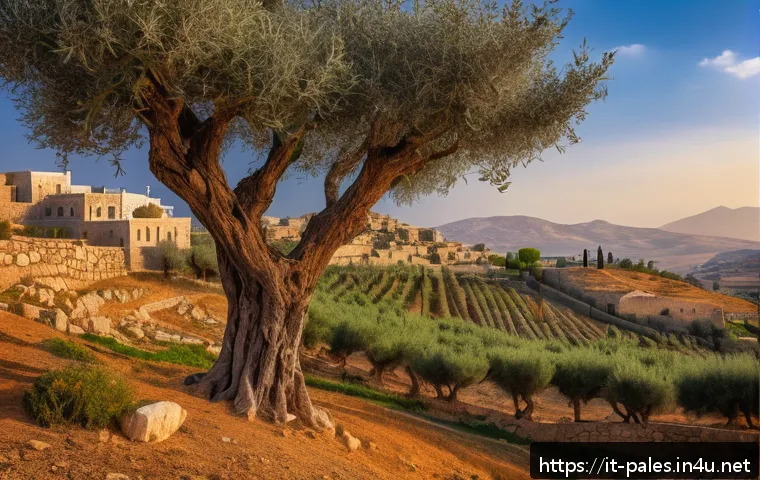 팔레스타인 문학의 흐름 - A serene Palestinian landscape at golden hour, featuring ancient olive trees on rolling hills with d...