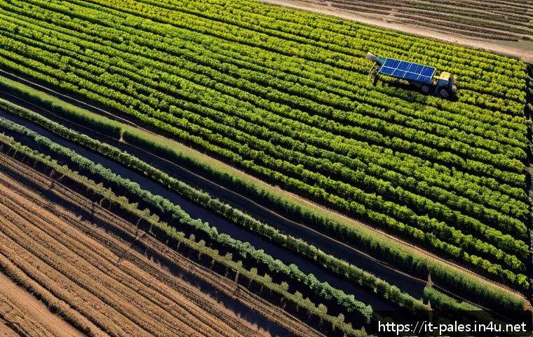 팔레스타인의 농업과 지속가능성 - A detailed aerial view of a Palestinian farm in an arid landscape using advanced drip irrigation tec...