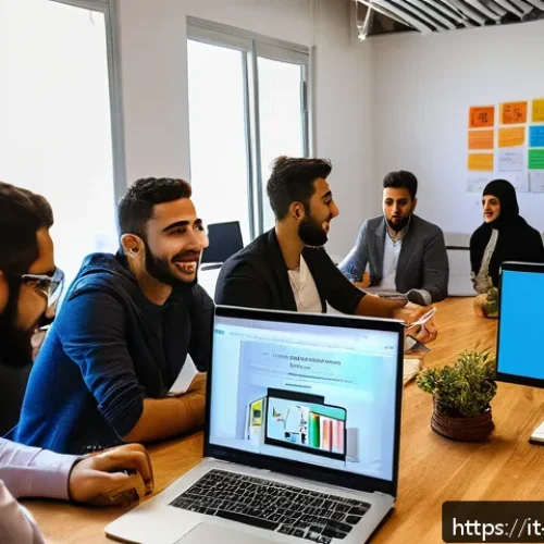 Home 32 팔레스타인에서의 스타트업 문화 - A vibrant co-working space inside a modern incubator in Ramallah, filled with young Palestinian entr...