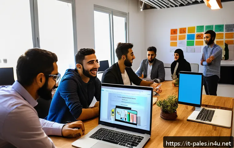 팔레스타인에서의 스타트업 문화 - A vibrant co-working space inside a modern incubator in Ramallah, filled with young Palestinian entr...