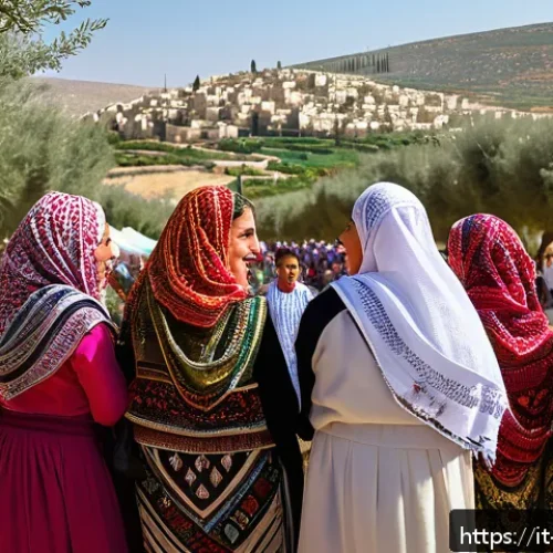 Home 30 팔레스타인 민족성의 특징 - A vibrant Palestinian village scene during a traditional festival, featuring men, women, and childre...