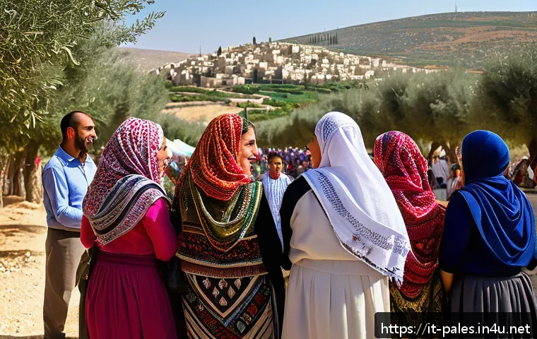 팔레스타인 민족성의 특징 - A vibrant Palestinian village scene during a traditional festival, featuring men, women, and childre...