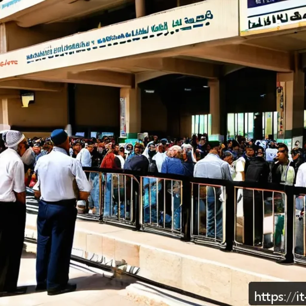 팔레스타인과 요르단 국경 통과 절차 - A detailed scene of a busy international border crossing between Palestine and Jordan during dayligh...