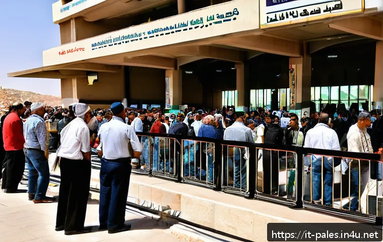 팔레스타인과 요르단 국경 통과 절차 - A detailed scene of a busy international border crossing between Palestine and Jordan during dayligh...